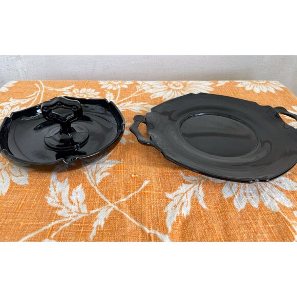Vintage MCM Black Glass Set Handled Dish and Relish Plate - Picture 2 of 13